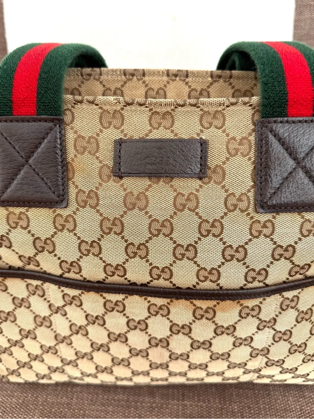 Gucci authentic tote bag brown monogram canvas diaper bag red green handles